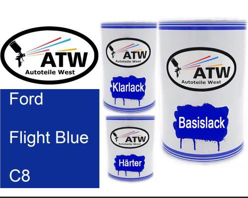 Ford, Flight Blue, C8: 500ml Lackdose + 500ml Klarlack + 250ml Härter - Set, von ATW Autoteile West.